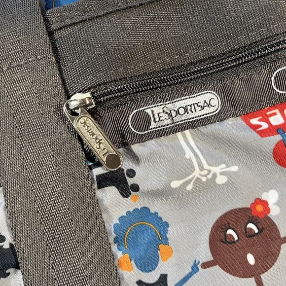 LE SPORTSAC Medium Travel Tote Robot Print 3 Front Pockets Grey/Red/Blue - Picture 11 of 13